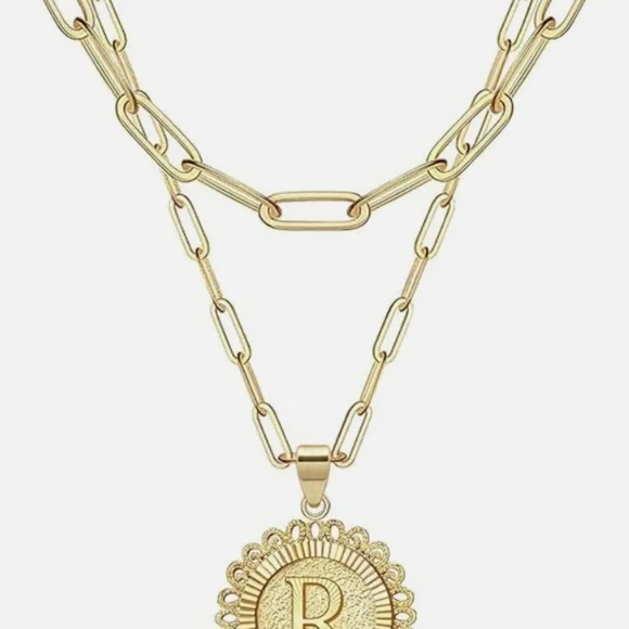 Chic 14K Gold Plated 2 Side Layered Chain Necklace with Medallion Letter R New